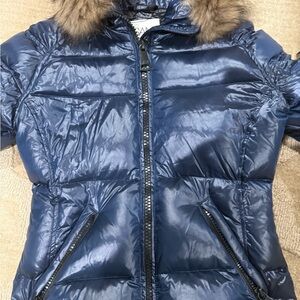 SAM. Metallic Navy Puffer Jacket with Faux Fur Collar